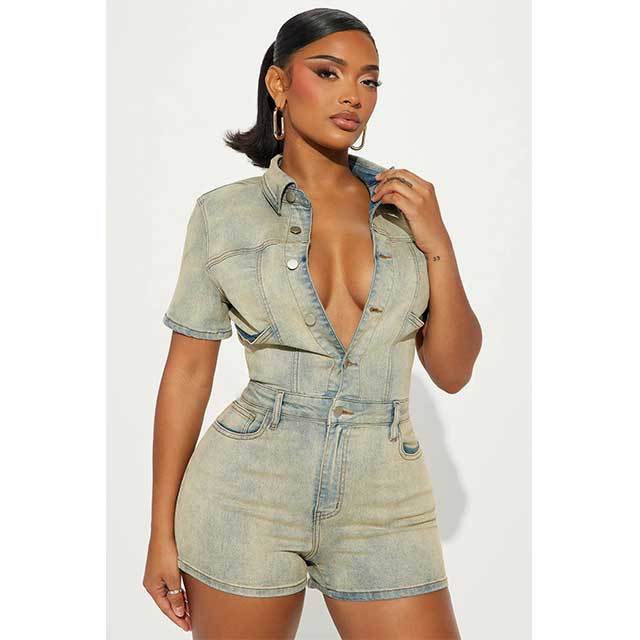 Slim Fit Washed Denim Romper