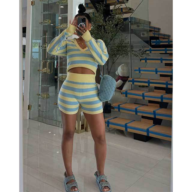 Striped Printed Knitting Hooded Top Short Set
