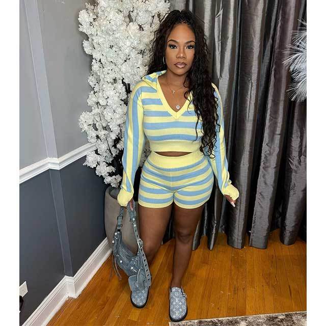 Striped Printed Knitting Hooded Top Short Set