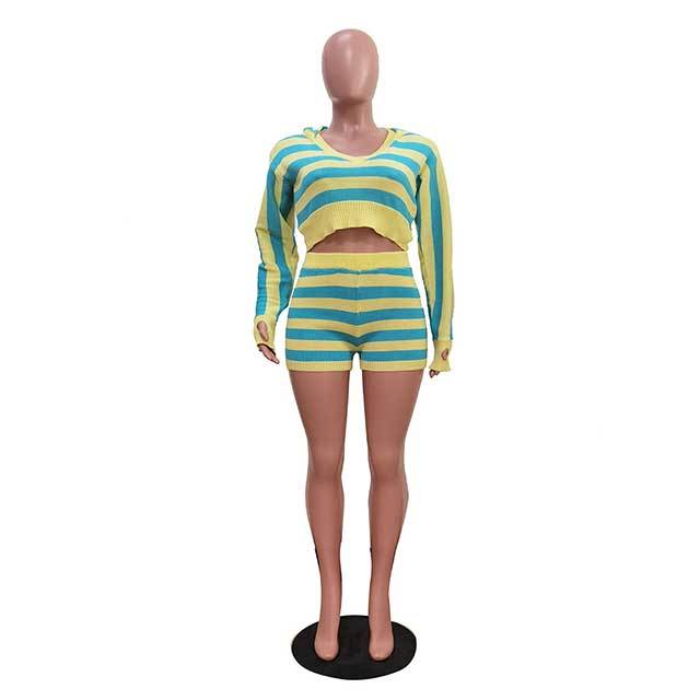 Striped Printed Knitting Hooded Top Short Set