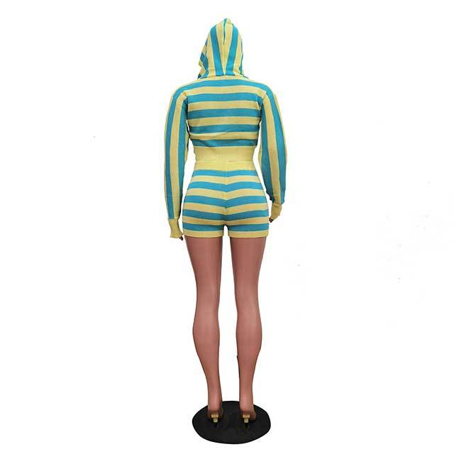 Striped Printed Knitting Hooded Top Short Set
