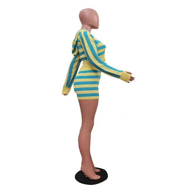 Striped Printed Knitting Hooded Top Short Set