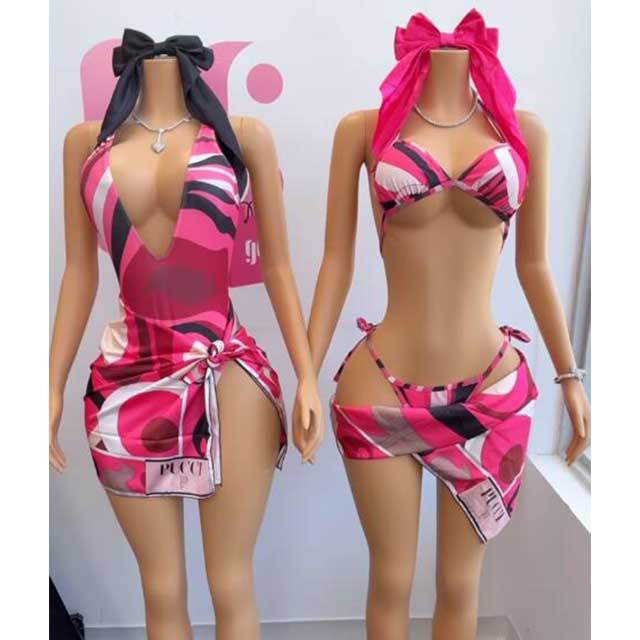 Contrast Color Printed Swimwear Bikinis Scarf Set