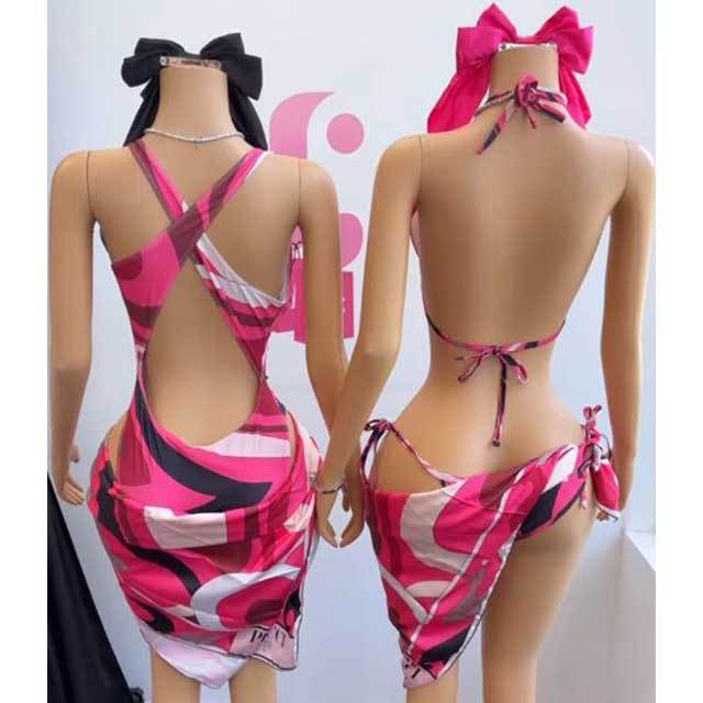 Contrast Color Printed Swimwear Bikinis Scarf Set