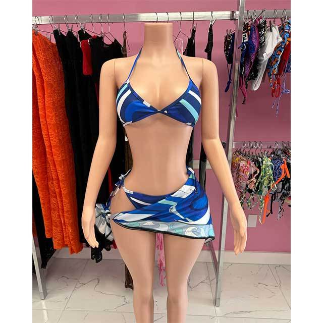 Blue Printed Fashion Swimwear Bikinis Scarf Set