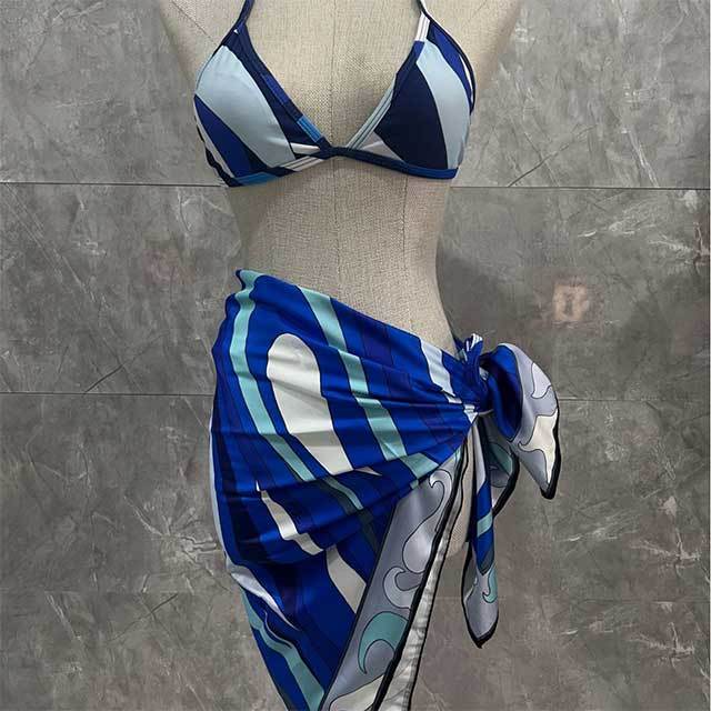 Blue Printed Fashion Swimwear Bikinis Scarf Set