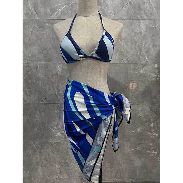 Blue Printed Fashion Swimwear Bikinis Scarf Set