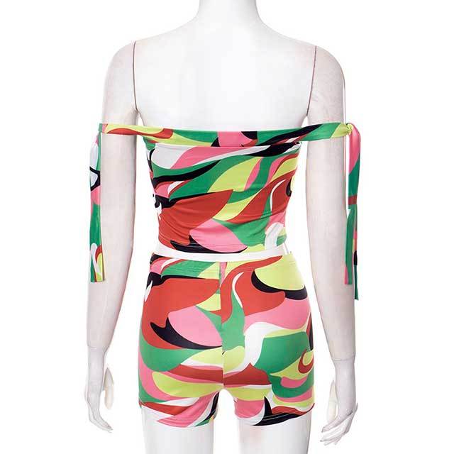 Colorful Printed Off Shoulder Crop Top 2 Pieces Short Set