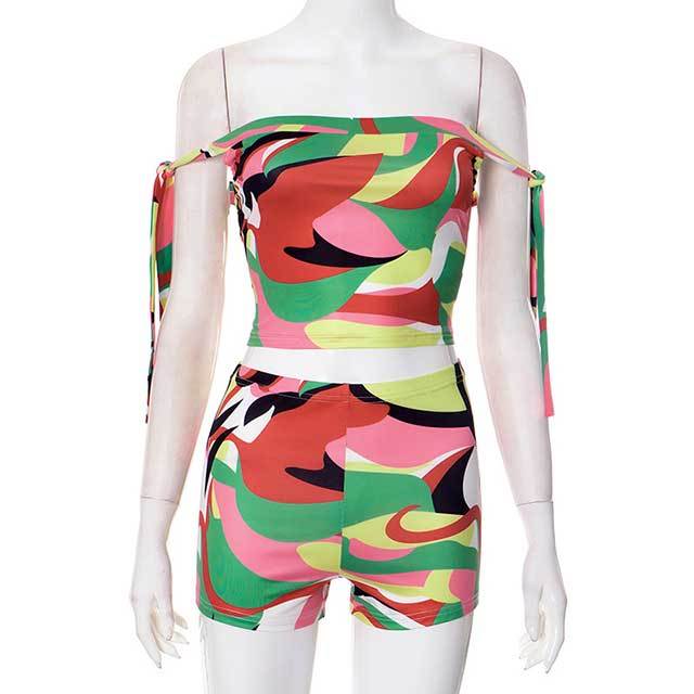Colorful Printed Off Shoulder Crop Top 2 Pieces Short Set