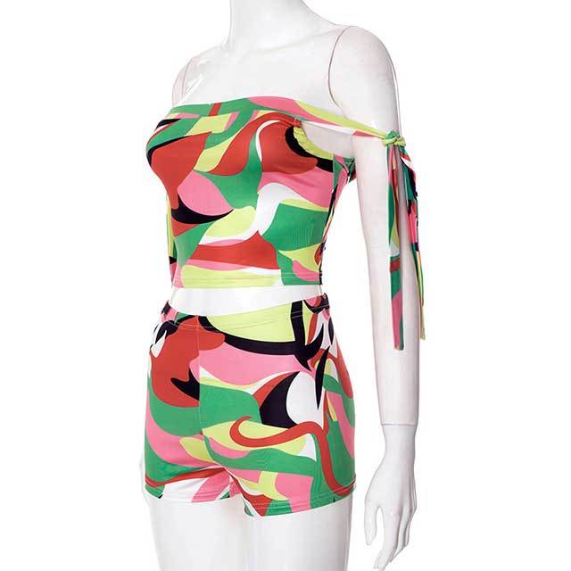 Colorful Printed Off Shoulder Crop Top 2 Pieces Short Set