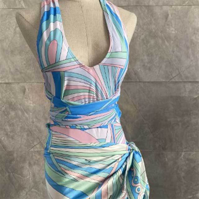 Halter Neck Backless One Piece Swimsuit Scarf Set