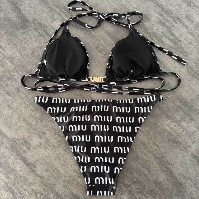 Metal Logo Printed Strappy Bikini Swimsuit