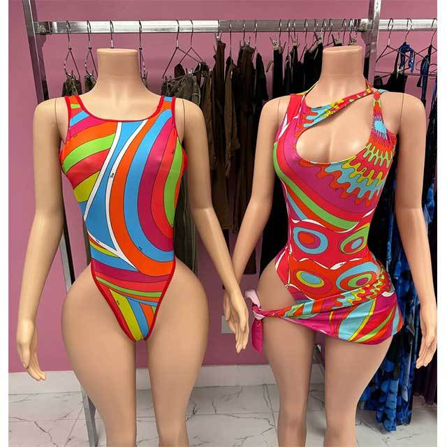 Printed Hollow Out One Piece Swimsuit Scarf Set