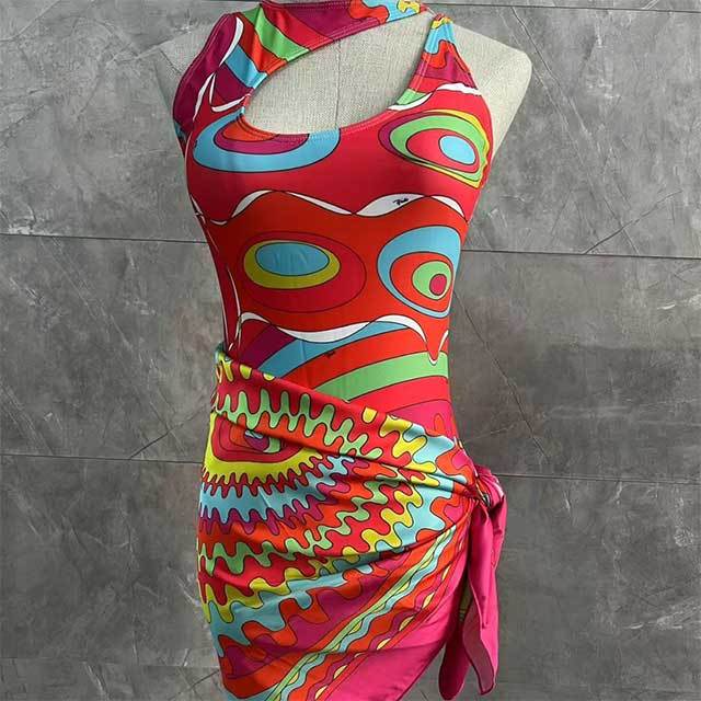 Printed Hollow Out One Piece Swimsuit Scarf Set