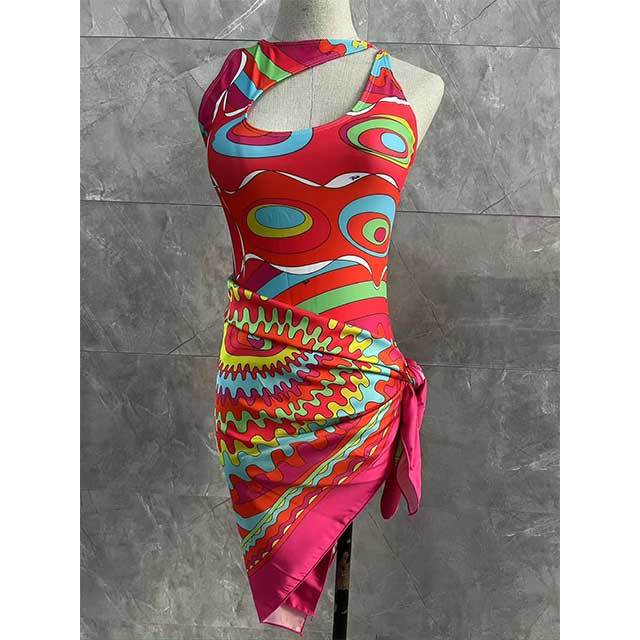 Printed Hollow Out One Piece Swimsuit Scarf Set