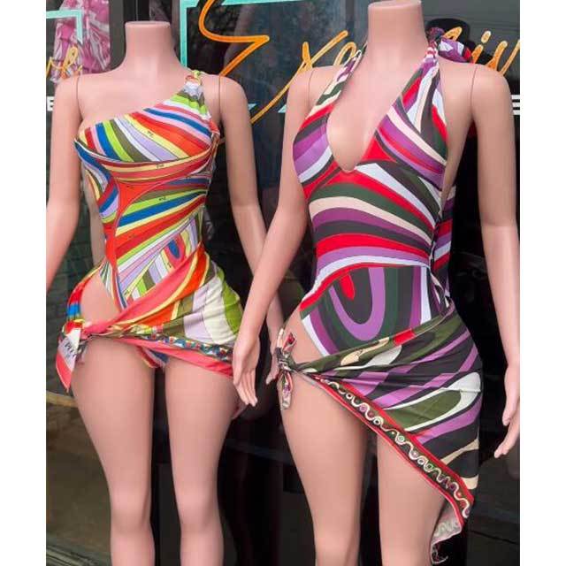 Printed V Neck One Piece Swimsuit Scarf Set