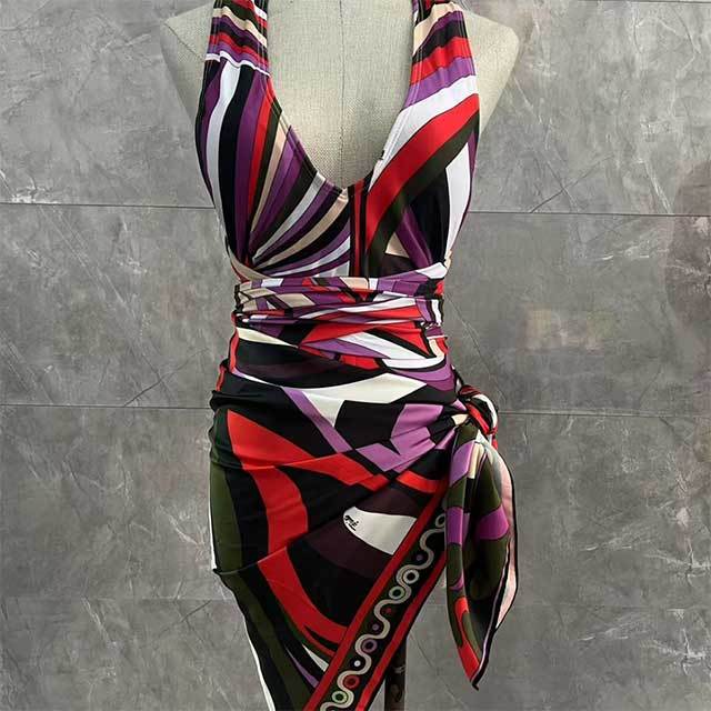 Printed V Neck One Piece Swimsuit Scarf Set