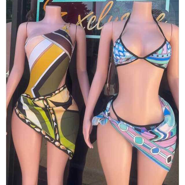 Single Shoulder Backless One Piece Swimsuit Scarf Set