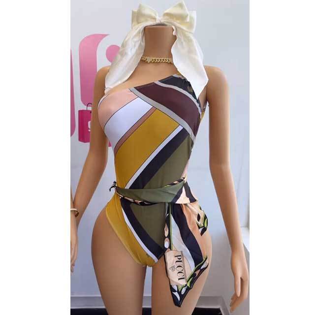 Single Shoulder Backless One Piece Swimsuit Scarf Set