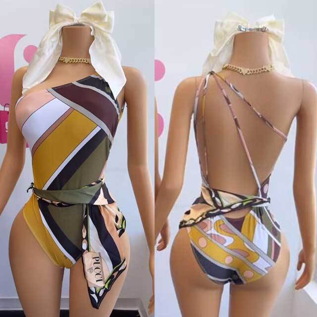 Single Shoulder Backless One Piece Swimsuit Scarf Set