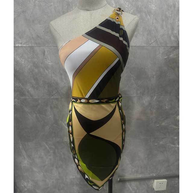 Single Shoulder Backless One Piece Swimsuit Scarf Set