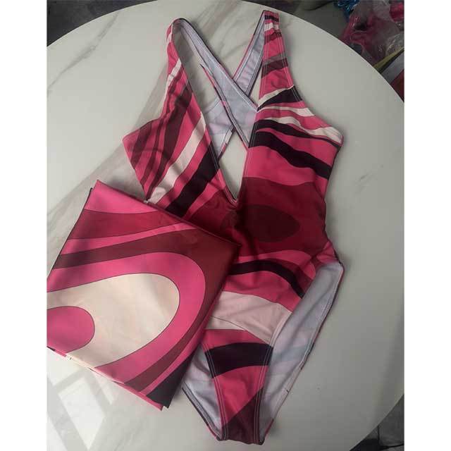 Criss Cross Backless Halter One Piece Swimsuit Scarf Set