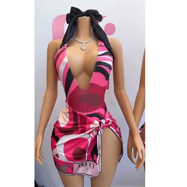 Criss Cross Backless Halter One Piece Swimsuit Scarf Set