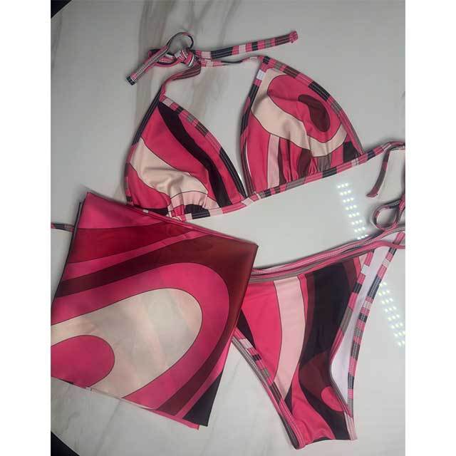 Contrast Color Printed Swimwear Bikinis Scarf Set