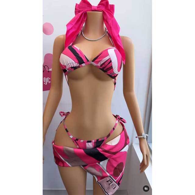 Contrast Color Printed Swimwear Bikinis Scarf Set