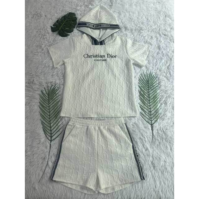 Fashion Embroidery Embossing Hooded Top Short Set
