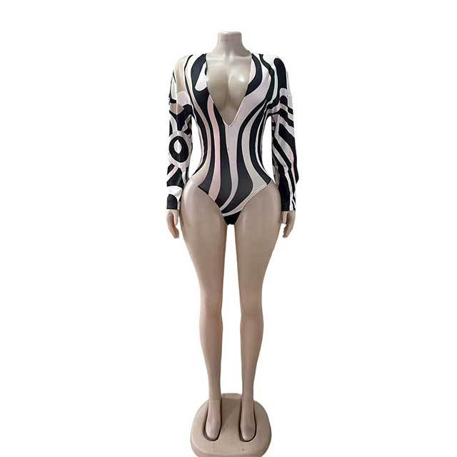 Printed Plunging V Neck Bodysuit Top Mini Short Set