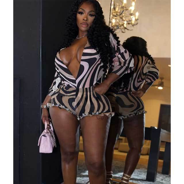 Printed Plunging V Neck Bodysuit Top Mini Short Set