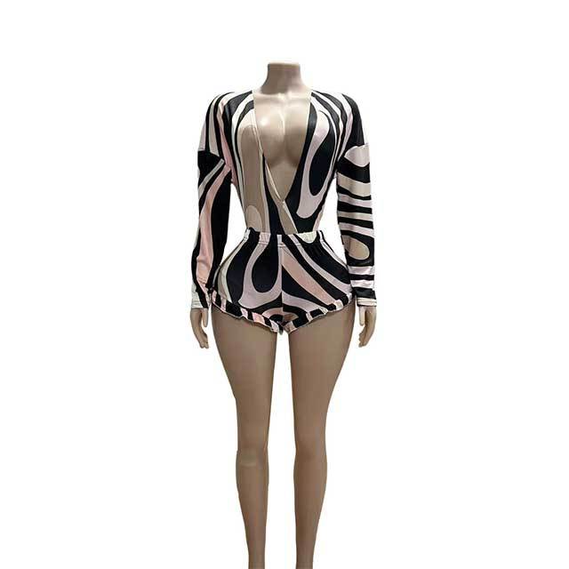 Printed Plunging V Neck Bodysuit Top Mini Short Set