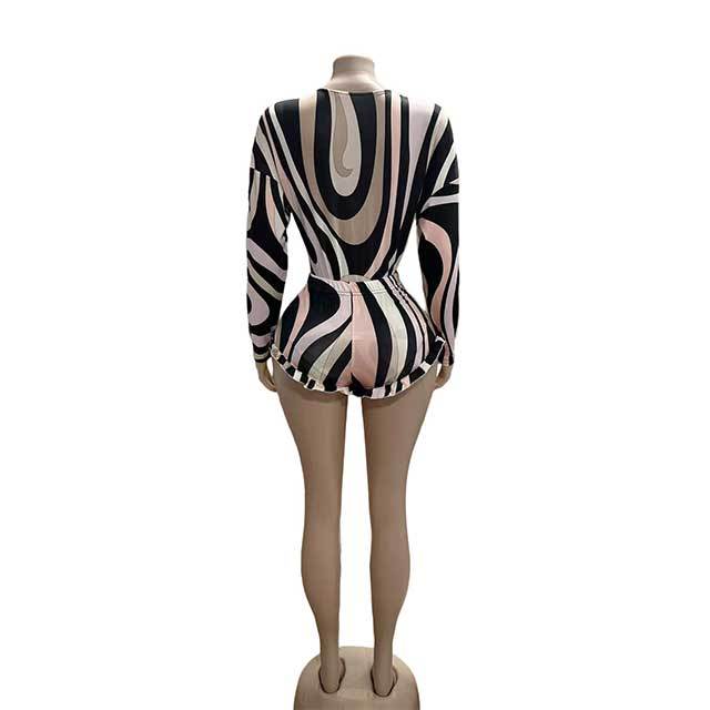 Printed Plunging V Neck Bodysuit Top Mini Short Set