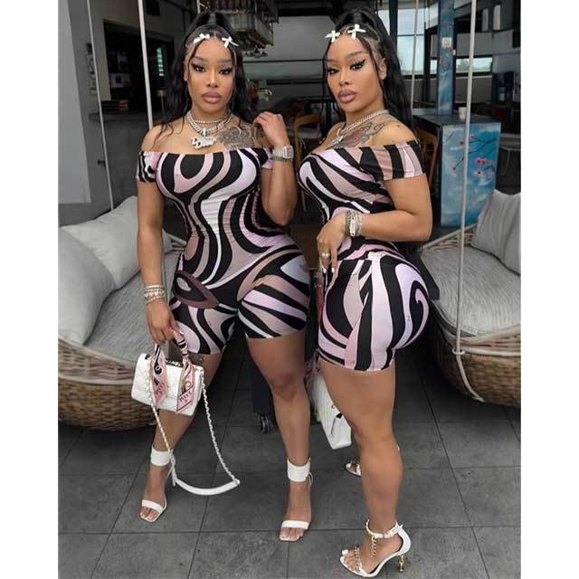 Striped Printed Off Shoulder Slim Romper