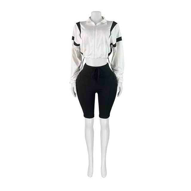 Contrast Color Drawstring Waist Cropped Top Knee-length Shorts Set