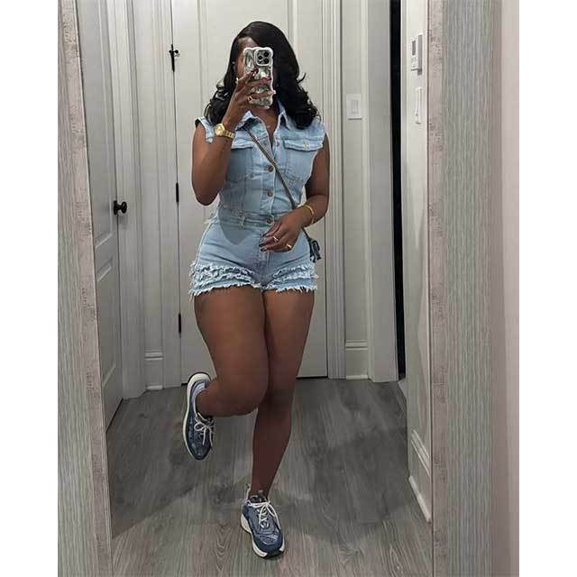 Ruffled Design Buttons Down Washed Denim Romper