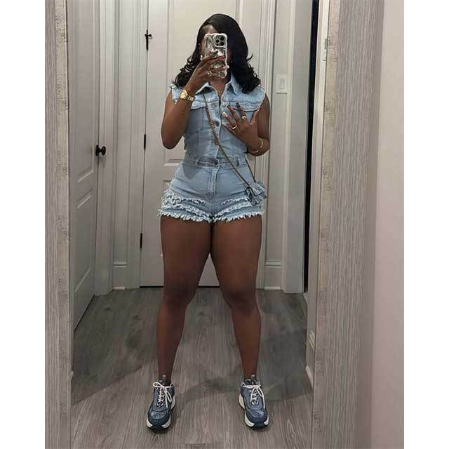 Ruffled Design Buttons Down Washed Denim Romper