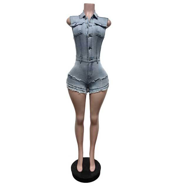 Ruffled Design Buttons Down Washed Denim Romper