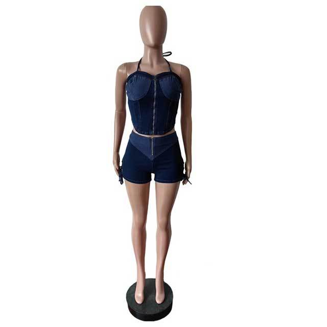 Zip Up Halter Neck Cropped Top Slim Denim Short Set