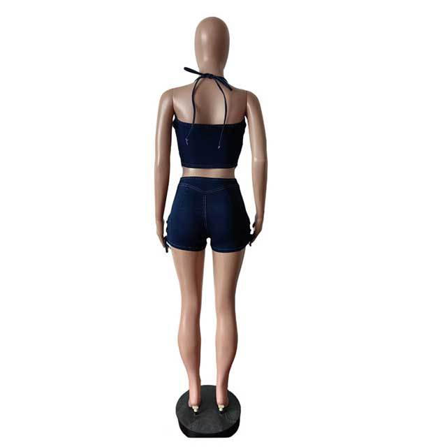 Zip Up Halter Neck Cropped Top Slim Denim Short Set