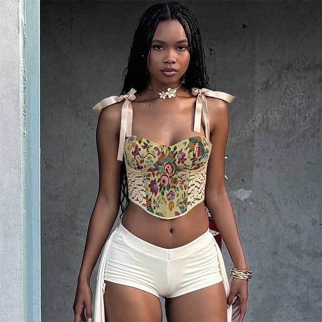 Jacquard Lace Up Corset Vest Top