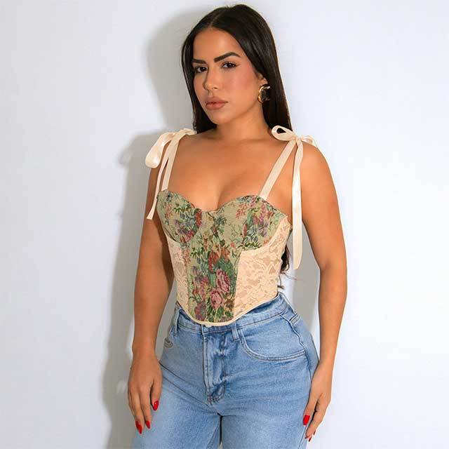 Jacquard Lace Up Corset Vest Top