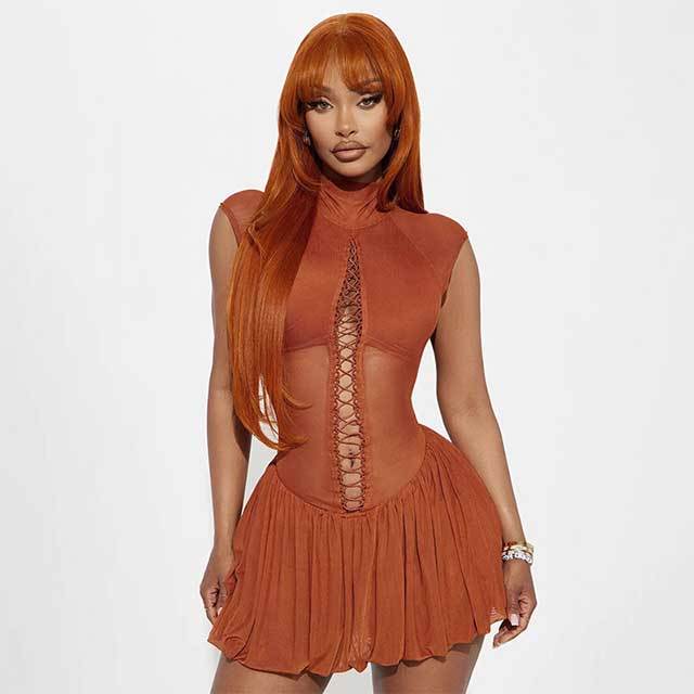 Sheer Mesh Hollow Out Laced Up Mini Dress