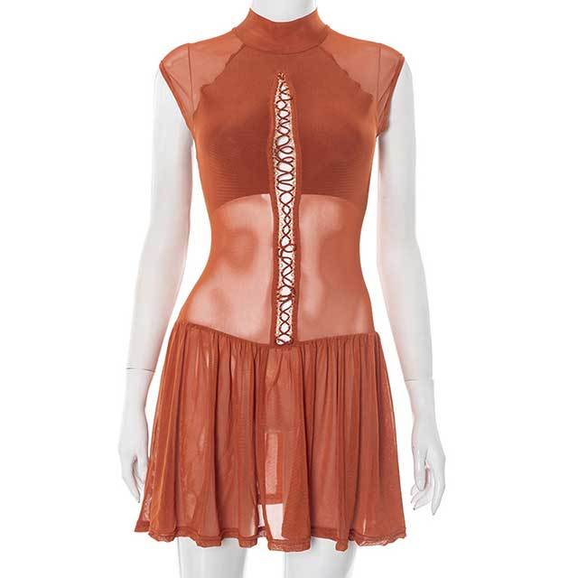 Sheer Mesh Hollow Out Laced Up Mini Dress