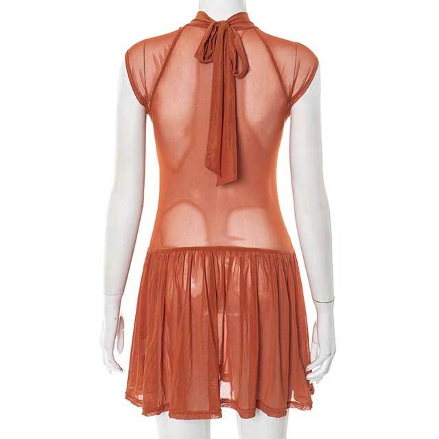 Sheer Mesh Hollow Out Laced Up Mini Dress
