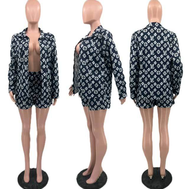Printed Long Sleeve Top Casual Short Set