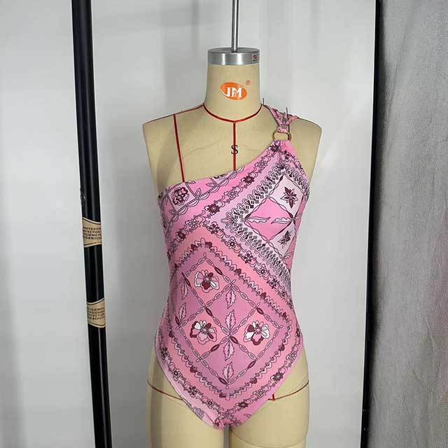 Single Shoulder Printed One Piece Swimsuit Scarf Set