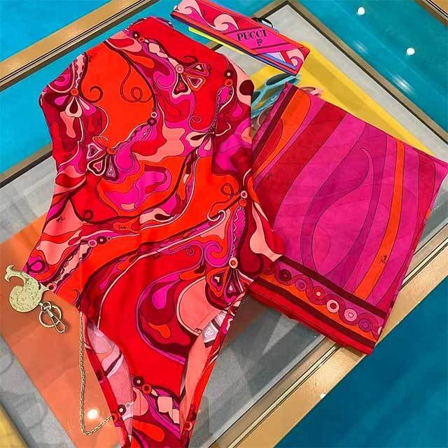 Halter Neck Printed One Piece Swimwear Scarf Set