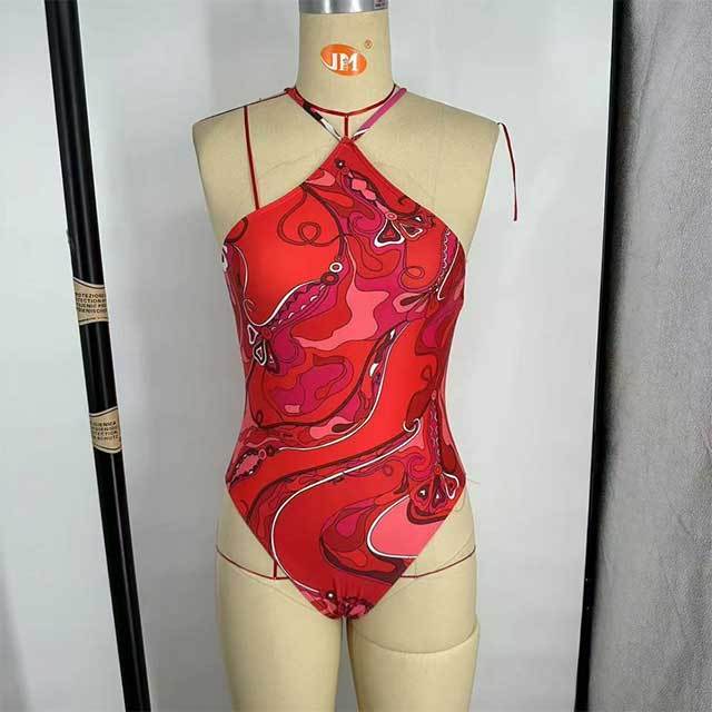 Halter Neck Printed One Piece Swimwear Scarf Set